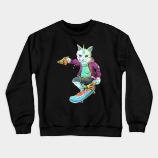 Badass Unicorn Cat Skateboarding Pizza lover Crewneck Sweatshirt